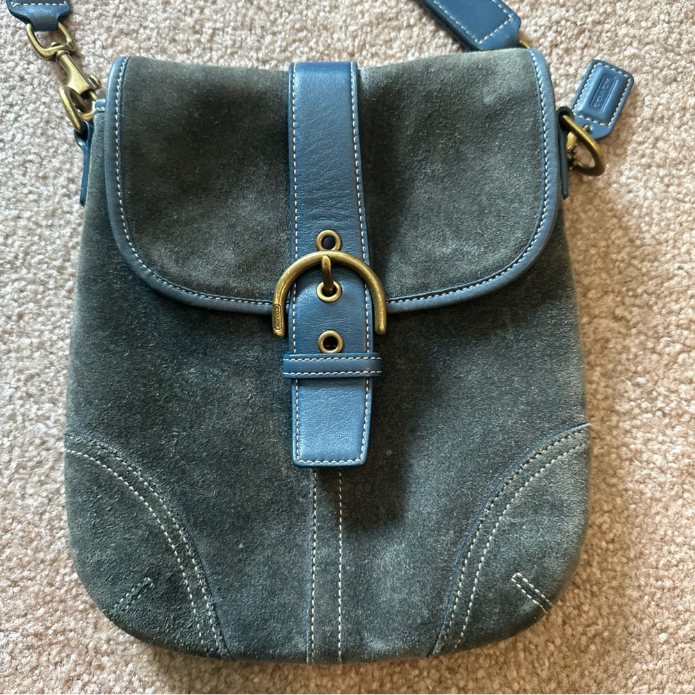 Coach Smokey Blue Suede Crossbody Shoulder Bag Leather Buckle Flap Boho 13914